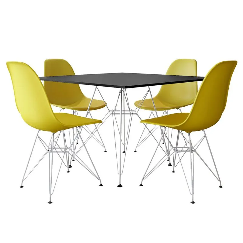 Jogo de Mesa Eames de Ferro Branco e Tampo Quadrado Preto 90cm - 4 Cadeiras Amarelas