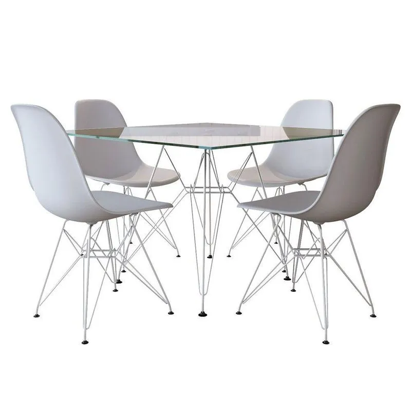 Conjunto Jantar De Ferro Branco E Tampo Quadrado Vidro 90Cm 4 Cadeiras Branca