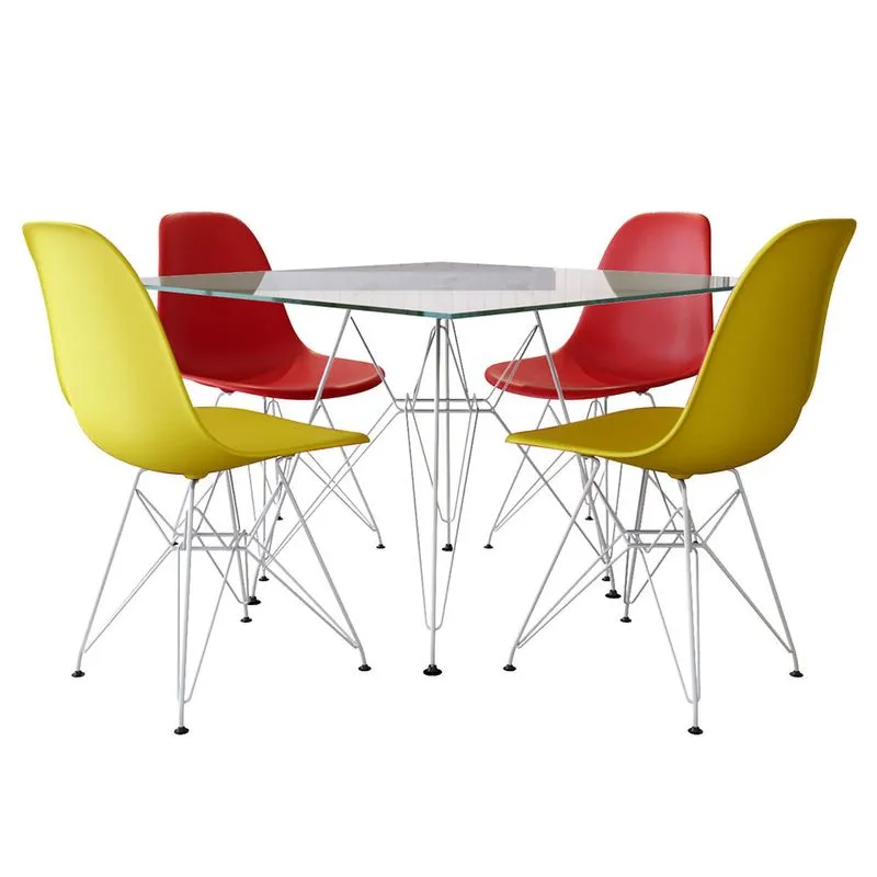 Jogo de Mesa Eames de Ferro Branco e Tampo Quadrado Vidro 90cm - 4 Cadeiras: 2 Vermelhas, 2 Amarela