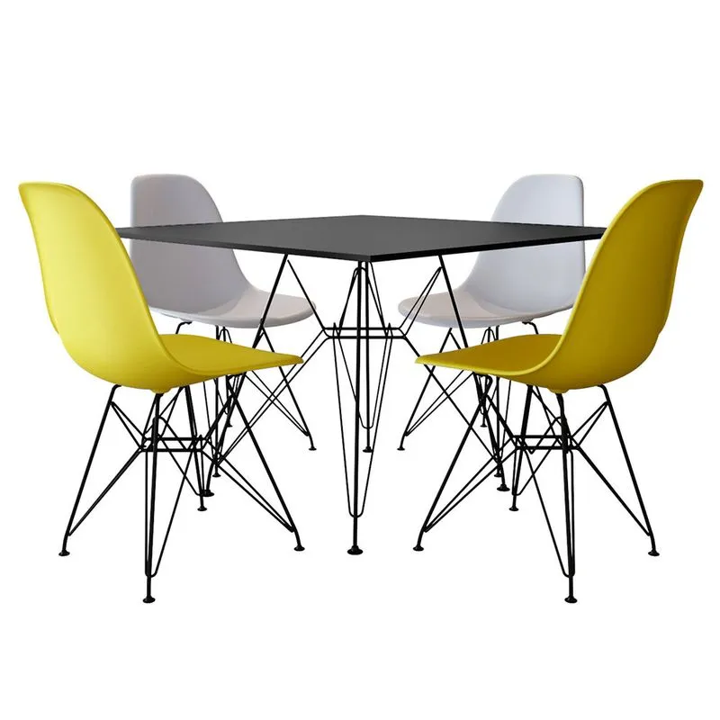 Conjunto Jantar Eames de Ferro Preto e Tampo Quadrado Preto 90cm - 4 Cadeiras: 2 Brancas, 2 Amarela