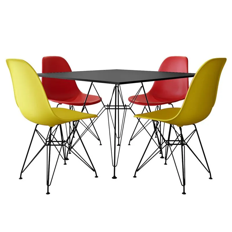 Jogo de Mesa Eames de Ferro Preto e Tampo Quadrado Preto 90cm - 4 Cadeiras: 2 Vermelhas, 2 Amarelas
