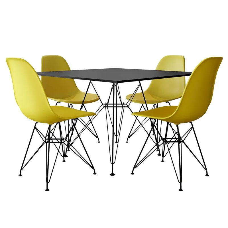 Conjunto Jantar Eames de Ferro Preto e Tampo Quadrado Preto 90cm - 4 Cadeiras Amarelas