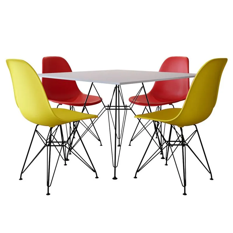 Jogo de Mesa Eames de Ferro Preto e Tampo Quadrado Branco 90cm - 4 Cadeiras: 2 Vermelhas, 2 Amarela