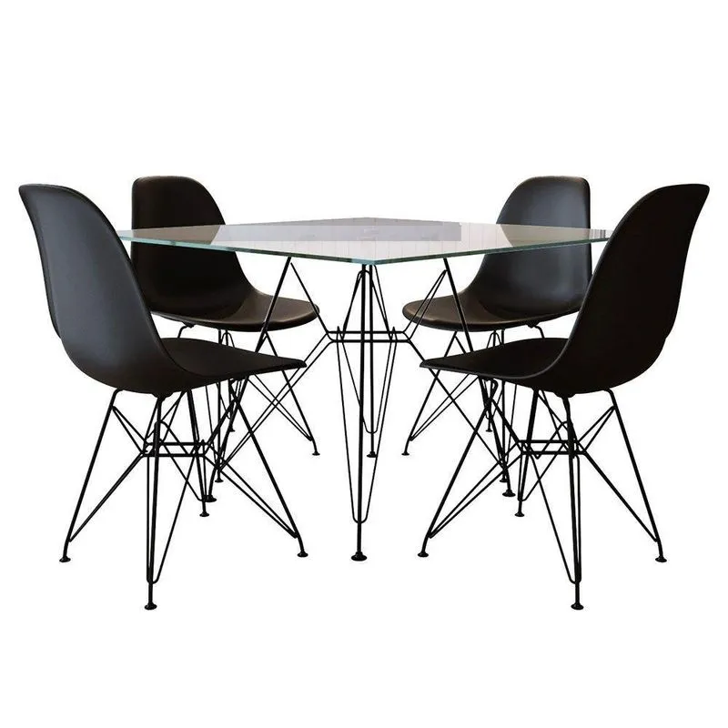 Jogo De Mesa De Ferro Preto E Tampo Quadrado Vidro 90Cm 4 Cadeiras Pretas