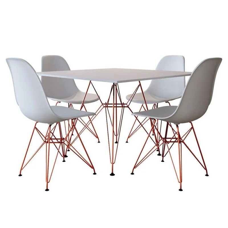 Conjunto Jantar De Ferro Cobre E Tampo Quadrado Branco 90cm 4 Cadeiras Branca