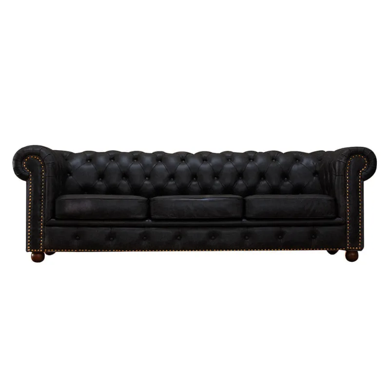 Sofá Chesterfield em Couro Preto Waxy - 2,40m