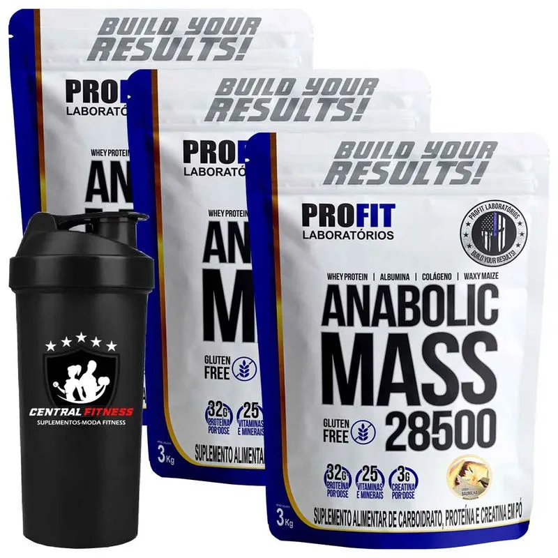 Kit 3x Anabolic Mass 28500 - Baunilha 3kg + Coqueteleira - Profit