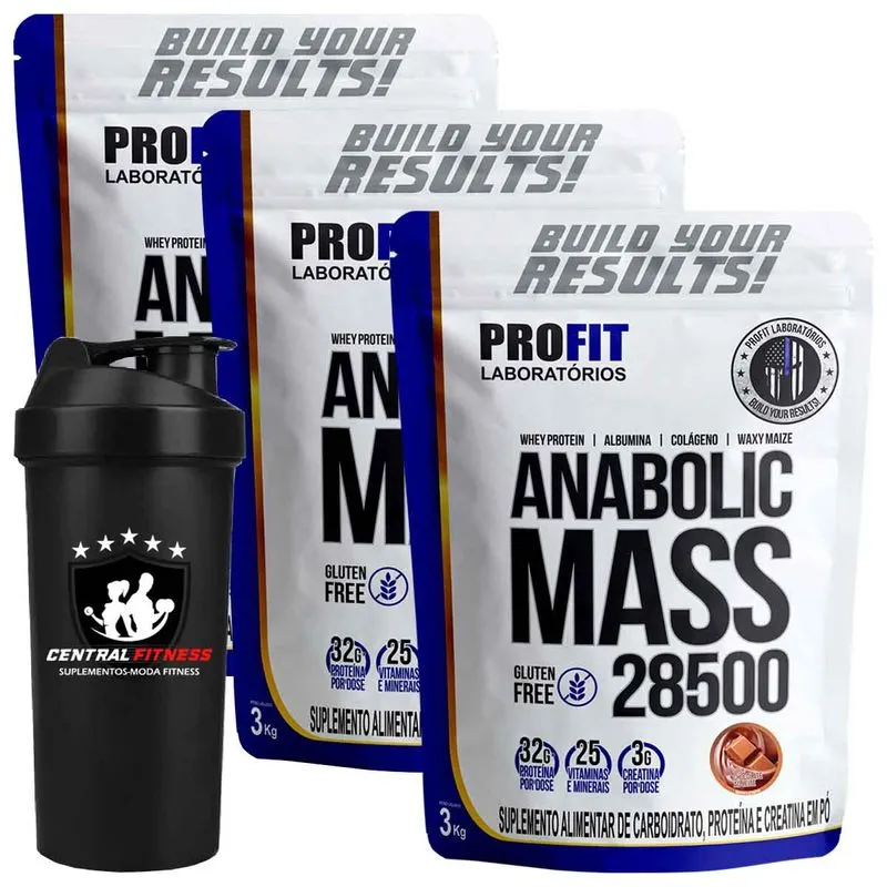Kit 3x Anabolic Mass 28500 - Chocolate 3kg + Coqueteleira - Profit