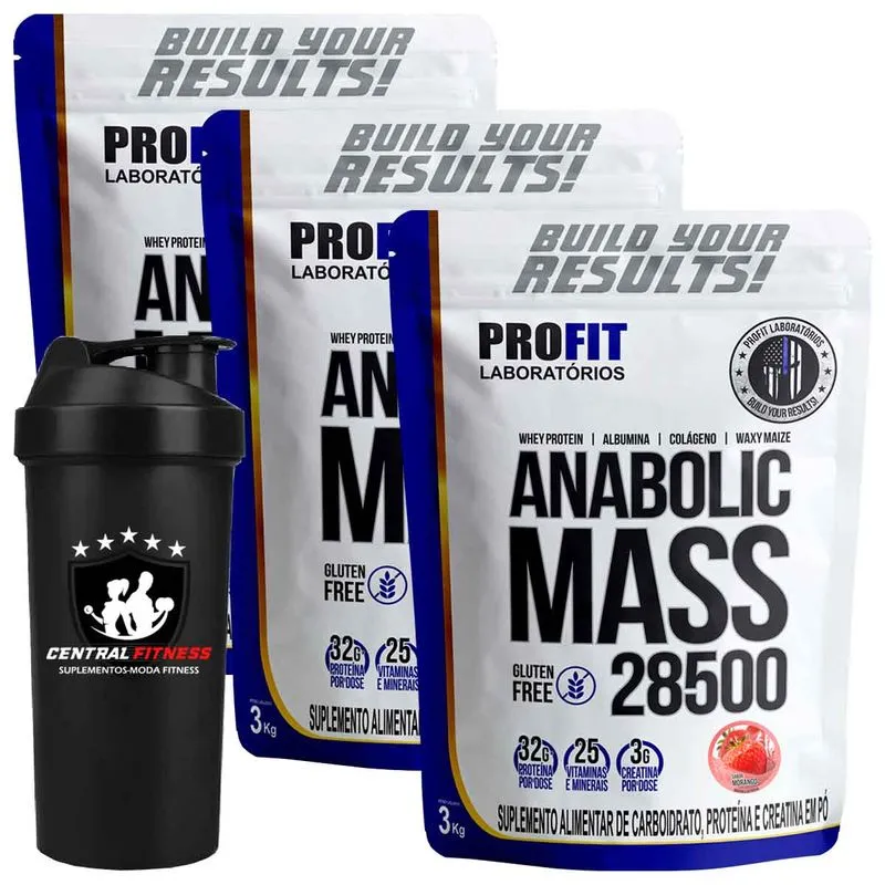 Kit 3x Anabolic Mass 28500 - Morango 3kg + Coqueteleira - Profit