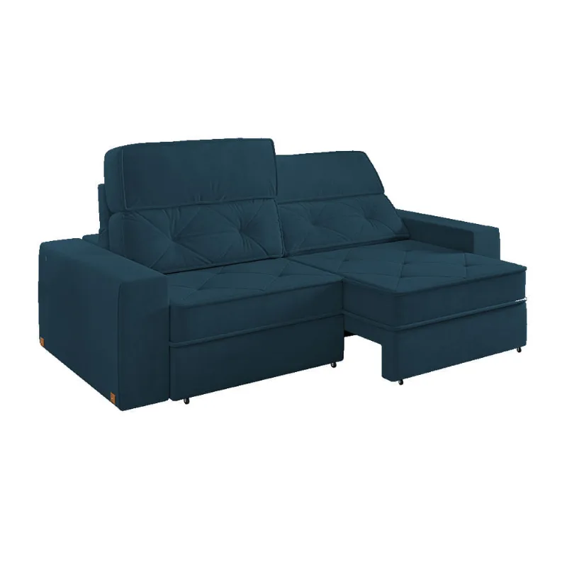 Sofá Prescott Canto Veludo Azul Marinho Retrátil e Reclinável 2,80m Mola Ensacada Sofá Prescott Canto c/ Chaise Direito Veludo Luxor Navy Retrátil e Reclinável 2,80m Mola Ensacada