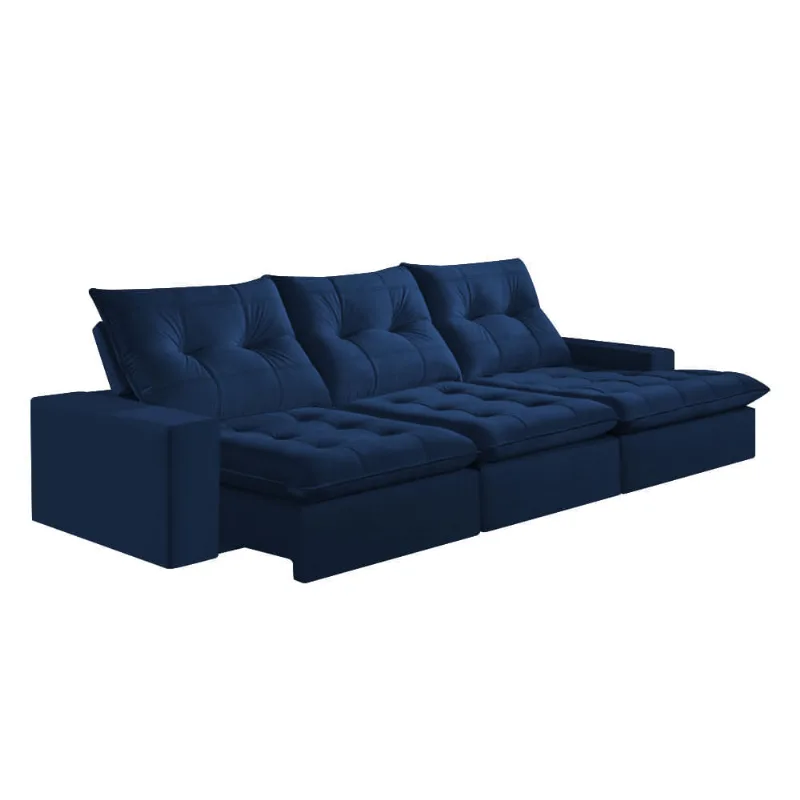 Sofá Costa Rica c/ Chaise Esquerdo Veludo Azul Marinho Retrátil e Reclinável 3,50m Mola Ensacada