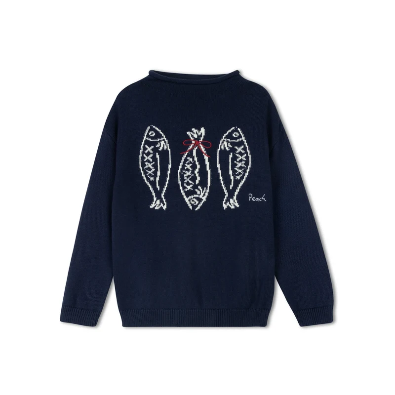 PEACH KIDS NAVY FISH KNIT BOW SWEATER 4