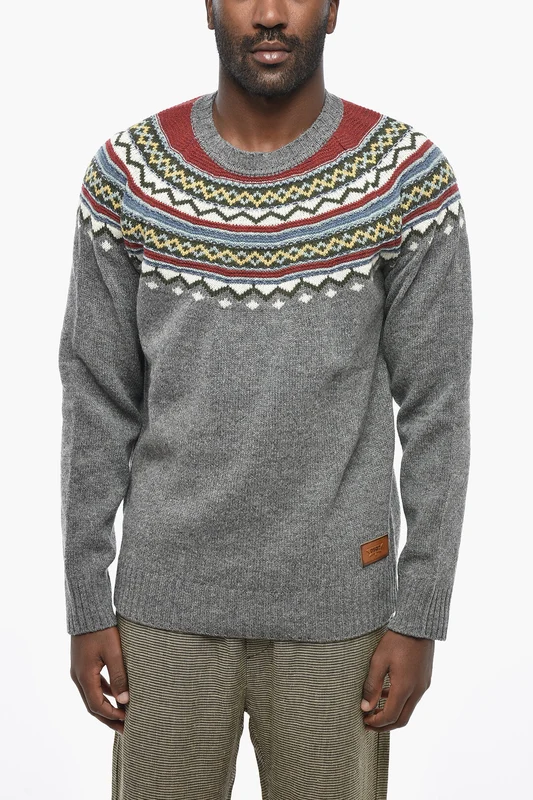 0470~Patterned Wool Crew-Neck Sweater L