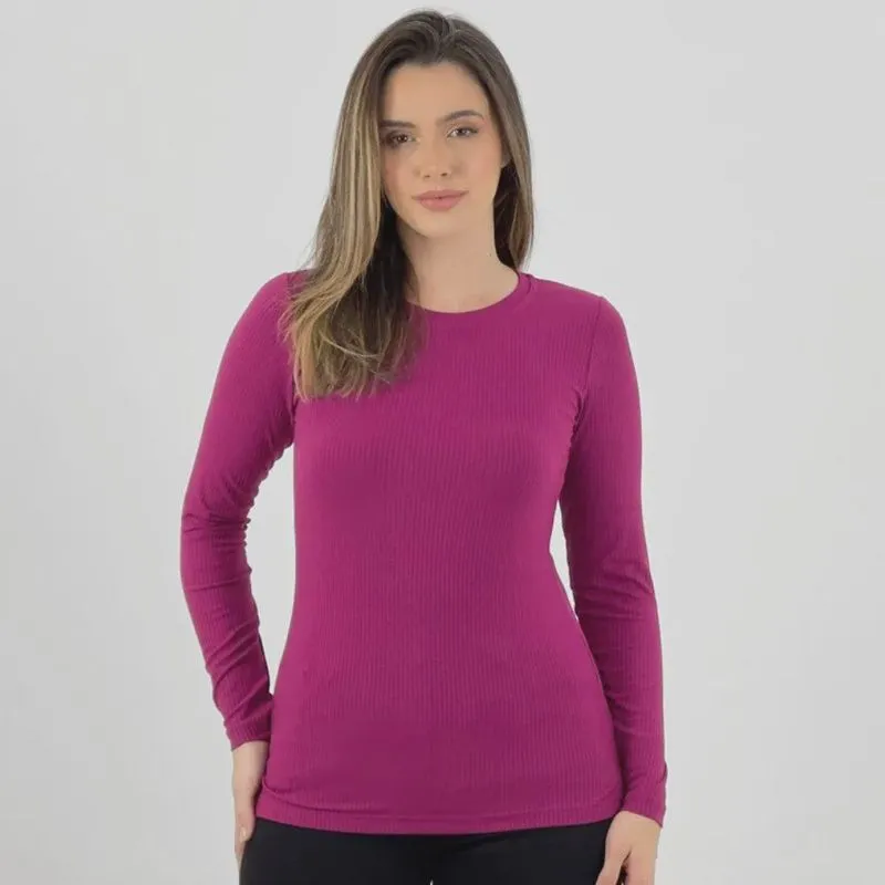 Blusa Rosa Bella Básica Canelada Manga Longa Feminina