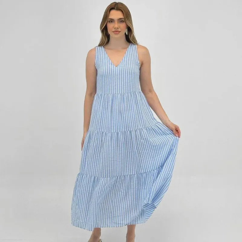 Vestido Listrado Aishty Regata Longo Feminino