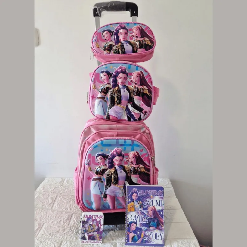 Set Mochila con Ruedas Kpop Las Guerreras K-pop Huntrix Cazadoras de demonios Rosado Claro