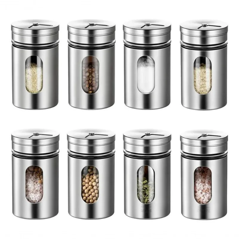 Porta Temperos Condimento Vidro Inox Organizador Kit 8 com Tampa Giratória 100ML Inox Aquilae