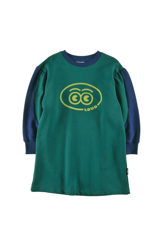LOUD HUNTER GREEN COLORBLOCK PUFF SLEEVE LOGO DRESS 5