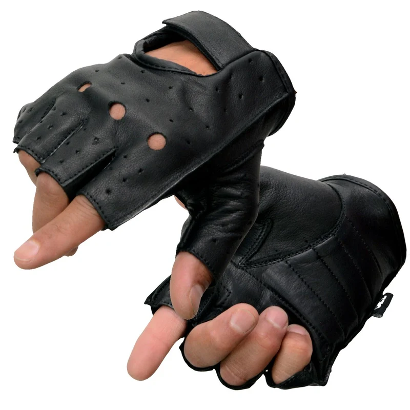Milwaukee Leather SH195 Men's Black Leather Perforated Gel Padded Palm Fingerless Motorcycle Hand Gloves W/ ‘Open Knuckle’ Black / XX-Large