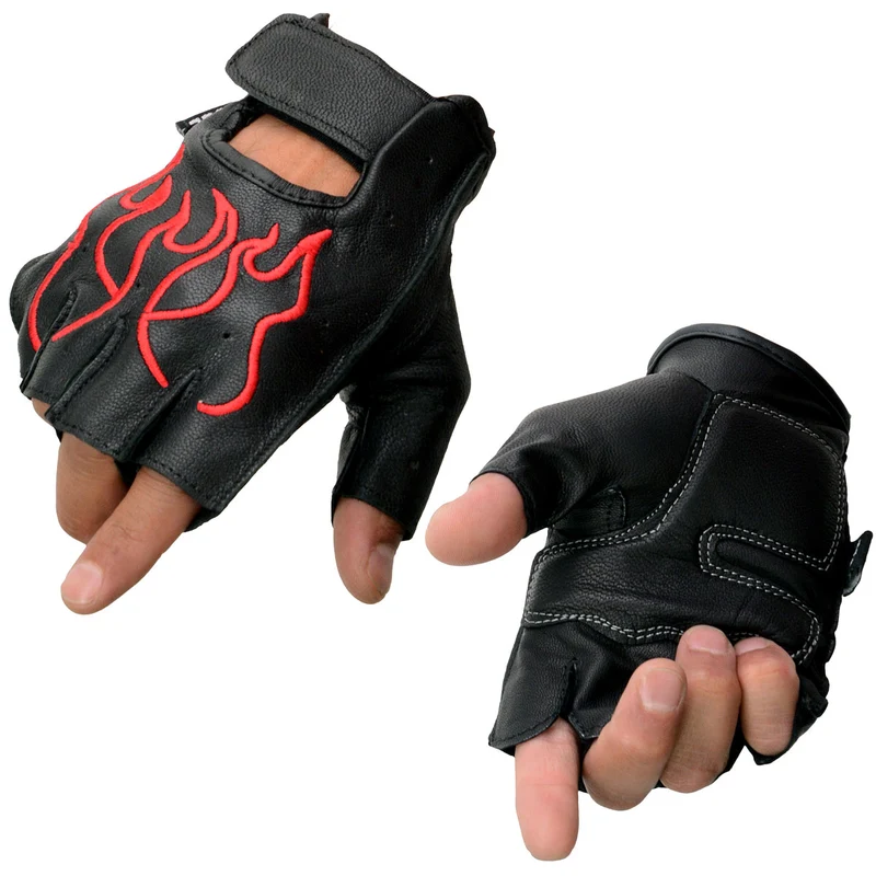 Milwaukee Leather SH198 Men's Black-Red Gel Palm Fingerless Motorcycle Gloves with Red Flame Embroidery Red / XX-Large