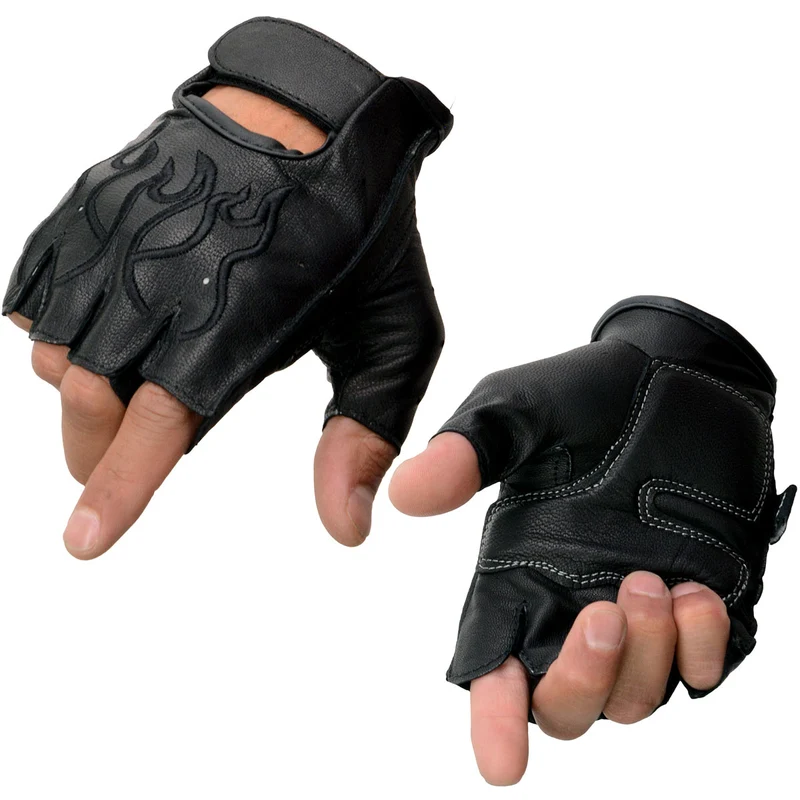 Milwaukee Leather SH198 Men's Black Gel Palm Fingerless Motorcycle Gloves with Black Flame Embroidery Black / XX-Large