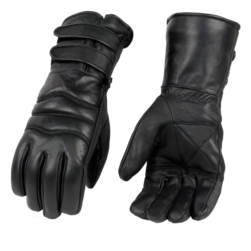Milwaukee Leather SH233 Men's Black Leather Warm Lining Gauntlet Motorcycle Hand Gloves W/ Double Strap Cuff Pull-on Closure Black / X-Large
