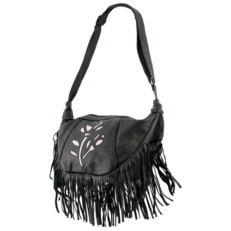 Milwaukee Leather SH397 Ladies 'Inlay Rose' Fringed Black and Pink Shoulder Bag Black / One Size