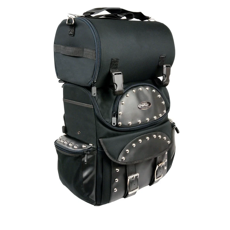 Milwaukee Leather SH602S Medium Black Textile Two Piece Studded Touring Sissy Bar Motorcycle Bag Black / Medium