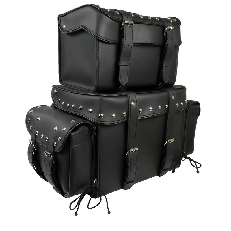 Milwaukee Leather SH650 Large Black PVC 4-Piece Studded Motorcycle Touring Pack with Barrel Bag Black / One Size