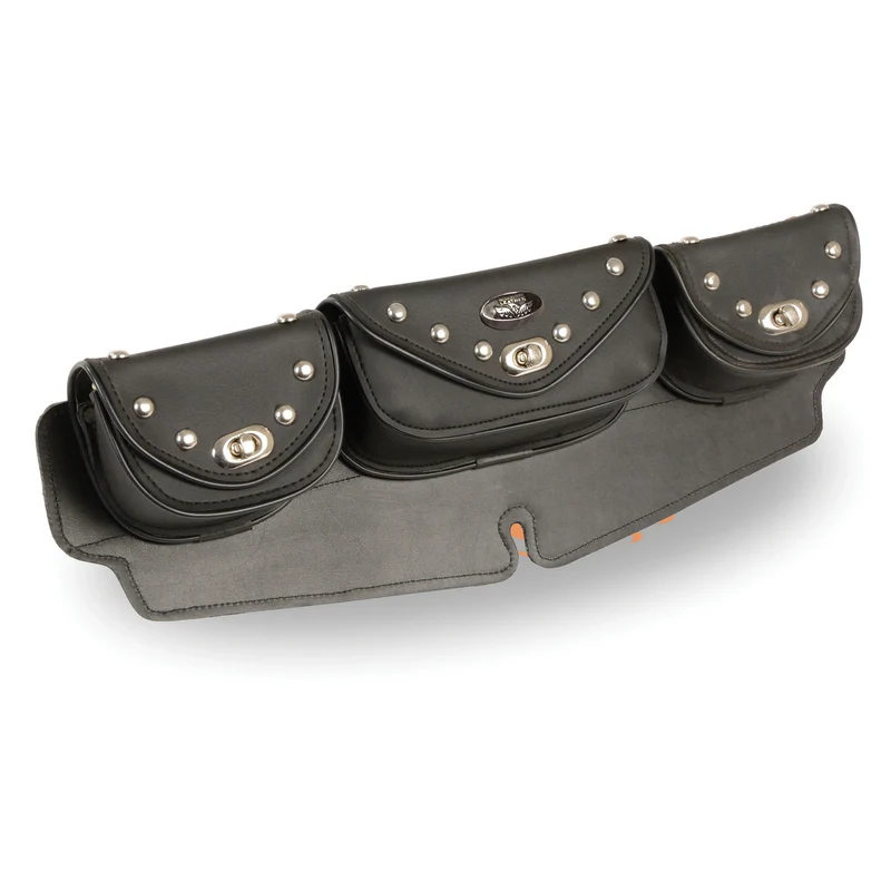Milwaukee Leather Performance SH671 Black Large Studded Triple Pocket Windshield Mount Bag with Turn Clasps Black / One Size
