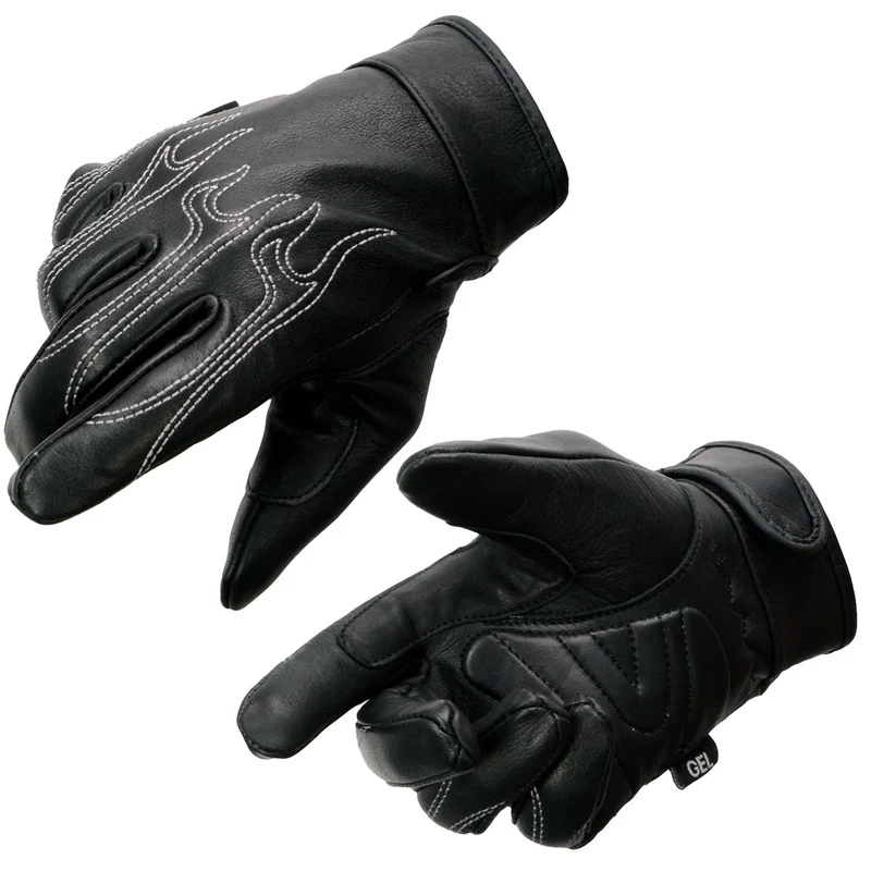 Milwaukee Leather SH820 Men's Black Leather ‘White Flame’ Cruising Hand Gloves W/ Gel Palm Black / Large