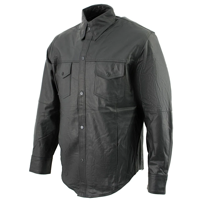 Leather King SH908 Men's Black Button-Down Lambskin Leather Shirt Black / Medium