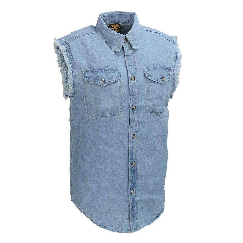 Milwaukee Leather DM1001 Men's Blue Lightweight Denim Shirt with Frayed Cut Off Sleeveless Look Light Blue / X-Large