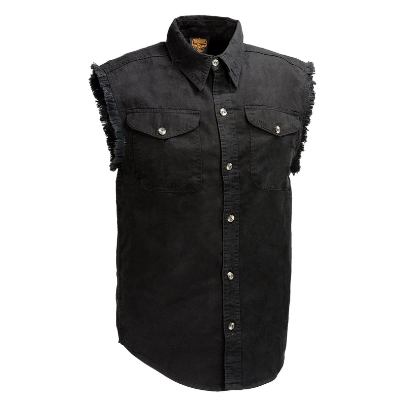 Milwaukee Leather DM1002 Men's Black Lightweight Denim Shirt with Frayed Cut Off Sleeveless Black / X-Large