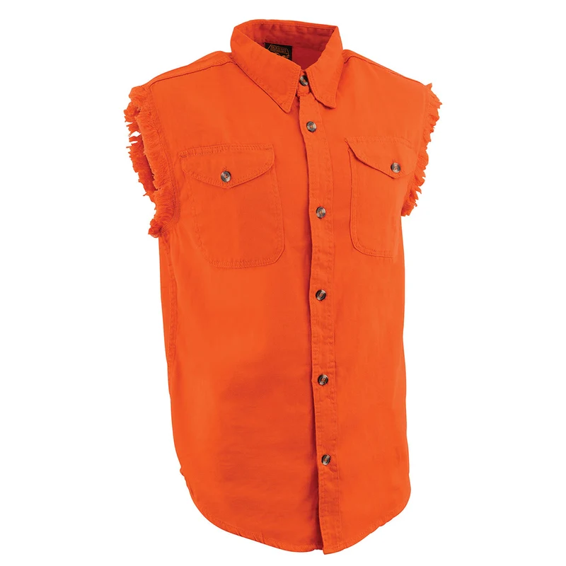 Milwaukee Leather DM1003 Men's Orange Lightweight Denim Shirt with Sleeveless Frayed Cut Off Orange / Medium