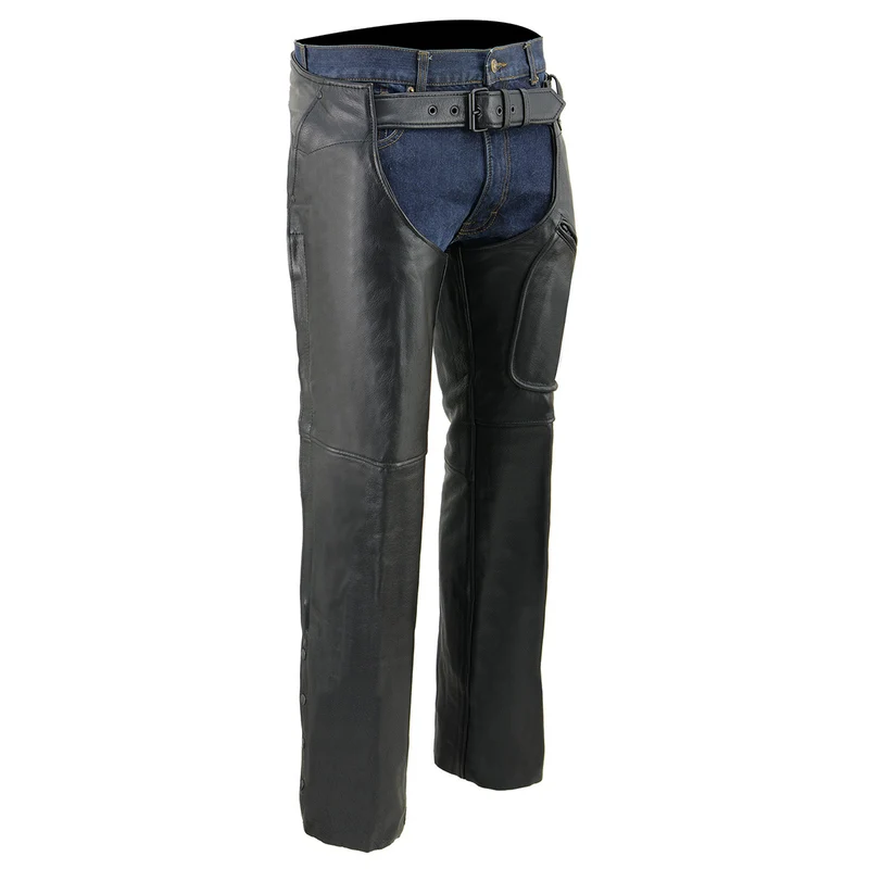 Milwaukee Leather Men’s Black Premium Leather Motorcycle Rider Chaps w/ Front 3-Pockets - Thigh Patch Pocket-SH1766 Black / X-Large