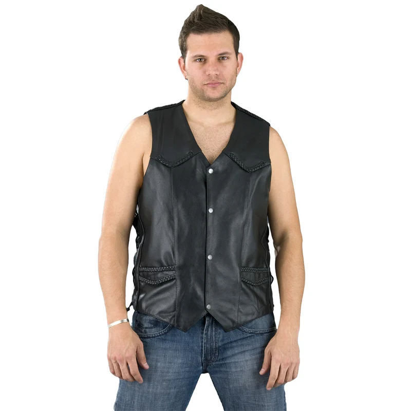 Milwaukee Leather SH1314TALL Men's Classic Black Braided Leather Vest with Side Laces Black / 50-T