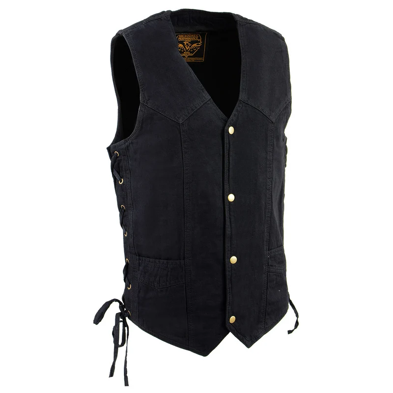 Milwaukee Leather DM1315 Men's Black Classic Denim Western Style Cowboy Biker Vest with Adjustable Side Laces Black / X-Large