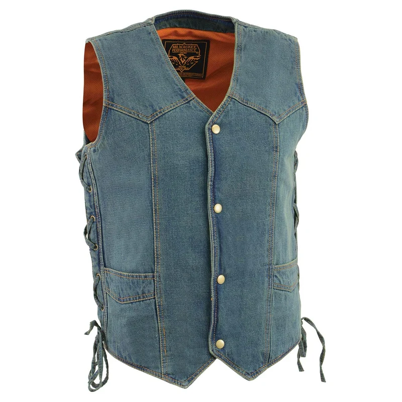 Milwaukee Leather DM1315 Men's Black Classic Denim Western Style Cowboy Biker Vest with Adjustable Side Laces Blue / 2X-Large