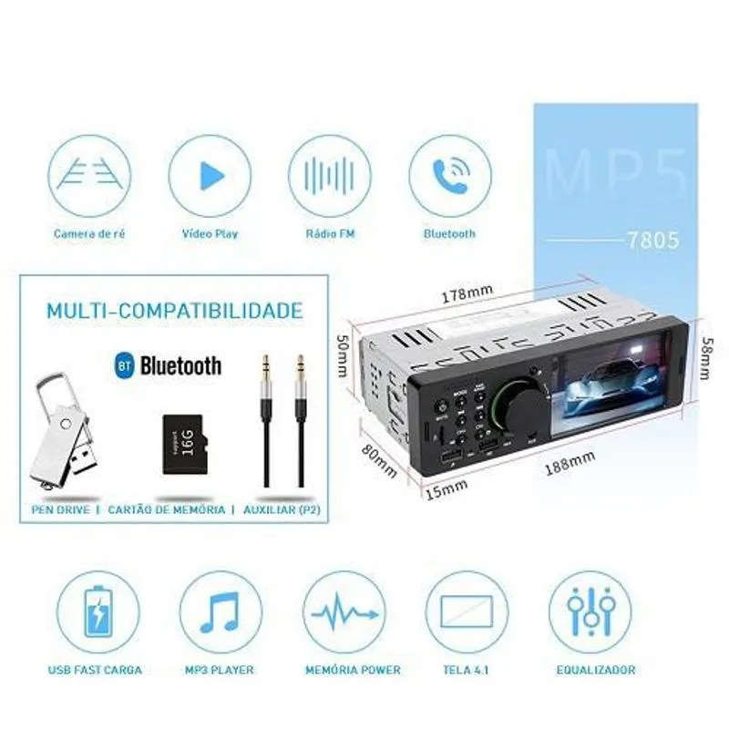 Mp5 Multimidia 1din Bluetooth Tela De 4 Polegadas Usb 7805