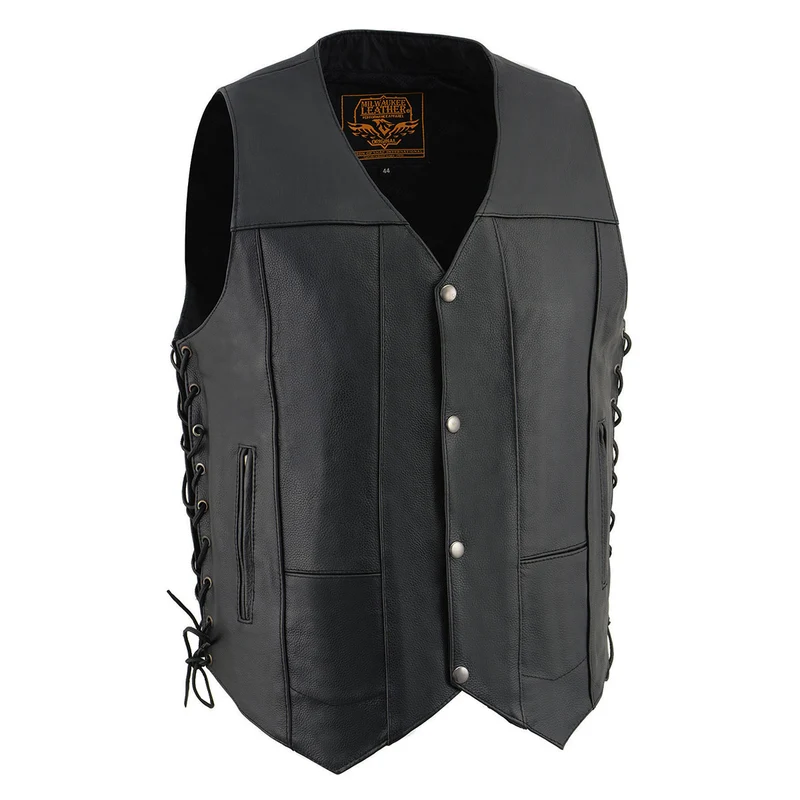 Milwaukee Leather SH1391 Men's Black Leather 10 Pocket V-Neck Side Lace Motorcycle Rider Vest w/ Front Snap Closure Black / 60