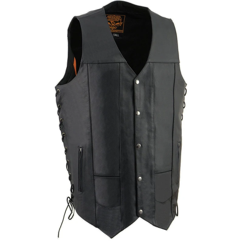 Milwaukee Leather SH1392Tall Men's Black Leather 10 Pocket V-Neck Side Lace Motorcycle Rider Vest w/ Snap Closure Black / 44-Tall