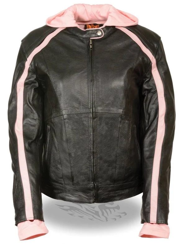 Milwaukee Leather SH1951 Women's Black and Pink Striped Leather Jacket with Zip-Out Hoodie Pink / 4X-Large