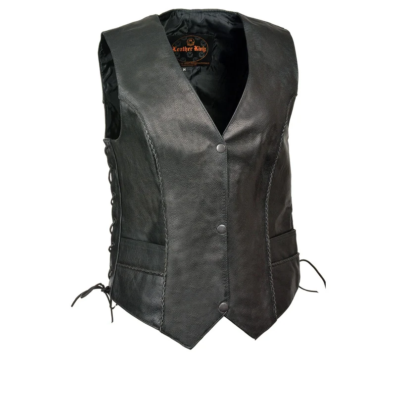 Milwaukee Leather SH2045 Women's Black Thin Braid Leather Side Lace Motorcycle Rider Vest- Front Snap Closure Black / 3X-Large