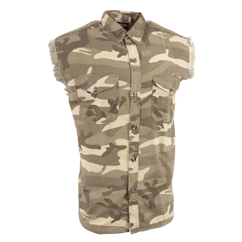Milwaukee Leather DM4009 Men's Sand Lightweight Denim Shirt with with Frayed Cut Off Sleeveless Look Beige / Small
