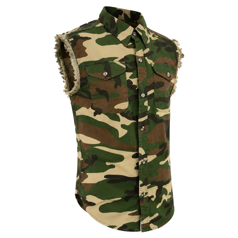 Milwaukee Leather DM4010 Men's Camo Lightweight Denim Shirt with Vintage and Frayed Sleeveless Look Camo / Large