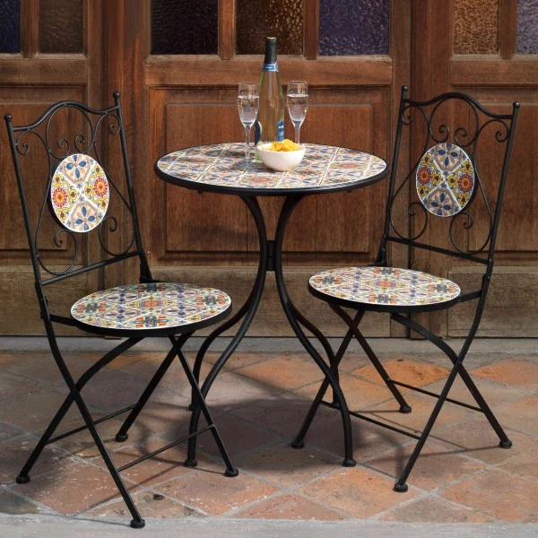 Set Tavolino tondo Mosaico e 2 sedie pieghevoli in acciaio per giardino e bar