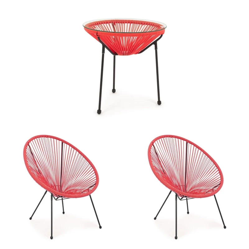 Salottino moderno "Parker" con poltrone e tavolino in corda sintetica per giardino e veranda Rosso