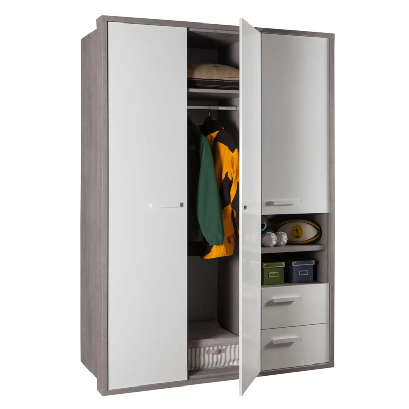 Armadio 3 ante e 2 cassetti Rovere Gessato e Bianco Lucido per stanzetta e camera da letto