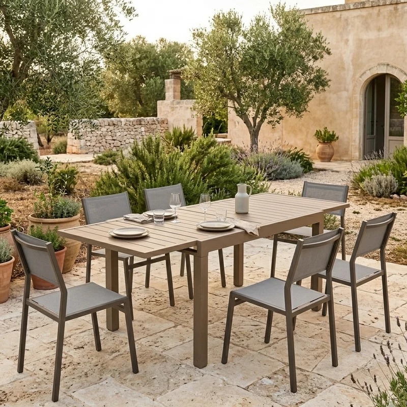 Tavolo allungabile "Samoa" in alluminio Taupè dogato da esterno per giardino e veranda Tavolo + 6 Sedie / 83 x 83/166 cm